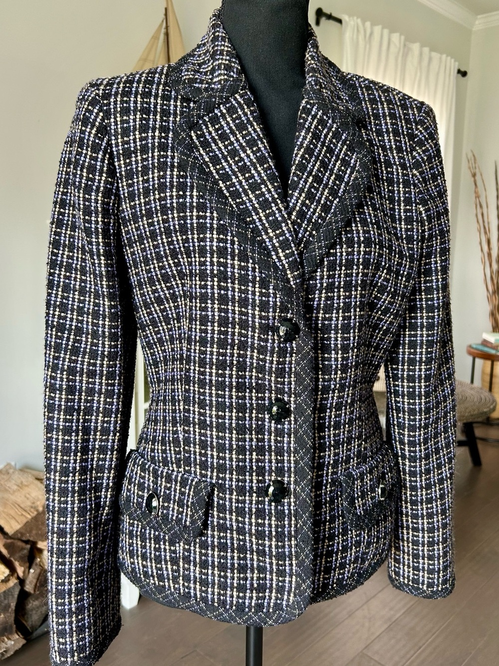 Kasper Tailored Tweed Plaid Blazer Jacket Size 8 Purple Black